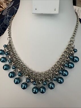 Paparazzi Silver Chain Necklace with Blue Pearl Drops